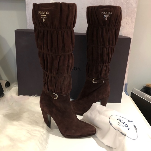 Prada Shoes - Prada Camoscio Elastic Moro Brown Suede Boots EUC